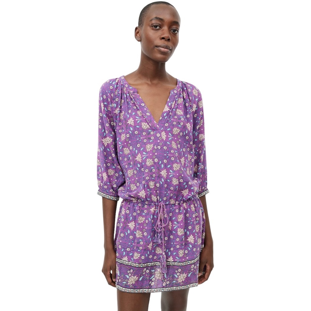 ULLA JOHNSON Floral Cotton V-neck Drop Waist Jaipur Mini Dress